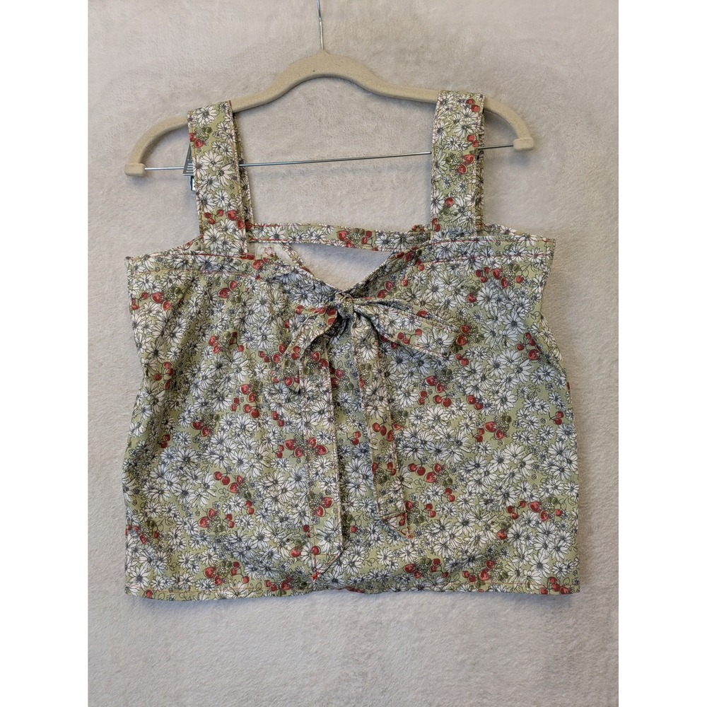 Handmade‎ Floral Cherry Print Back Tie Tank Top Sage Green Small Cottagecore